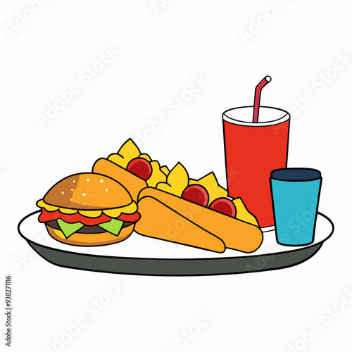 Fast Food Platter Hot Dogs, Nachos, and Soda on White Background