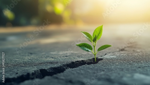 small green plant grows through the crack