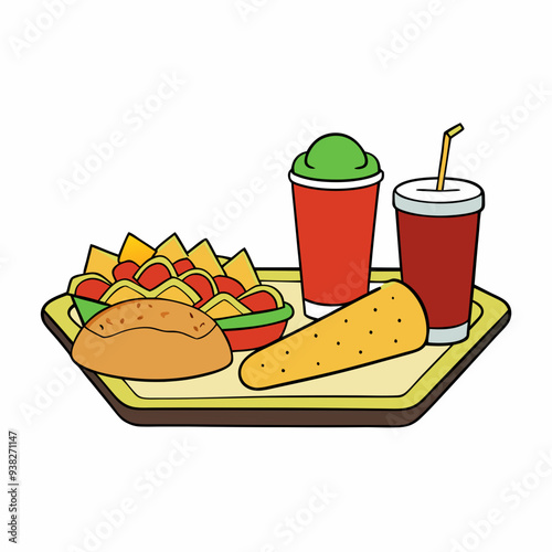 Fast Food Platter Hot Dogs, Nachos, and Soda on White Background