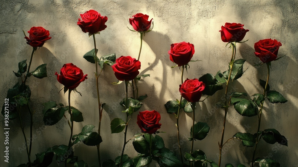 Obraz premium Twelve red roses arranged beautifully, representing romance and timeless love, highlighted by soft lighting.