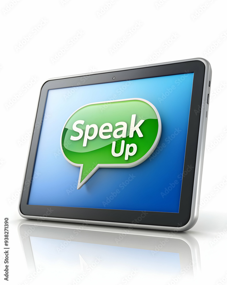 Tablet and Speech Bubble Icons with 'Speak Up' Text on White Background - Emphasizing Active Participation in Virtual Meetings. Minimalist and Professional Scene. Highlighting the Importance of Contri Tablet and Speech Bubble Icons with 'Speak Up' Text on White Background - Emphasizing Active Participation in Virtual Meetings. Minimalist and Professional Scene. Highlighting the Importance of Contri
