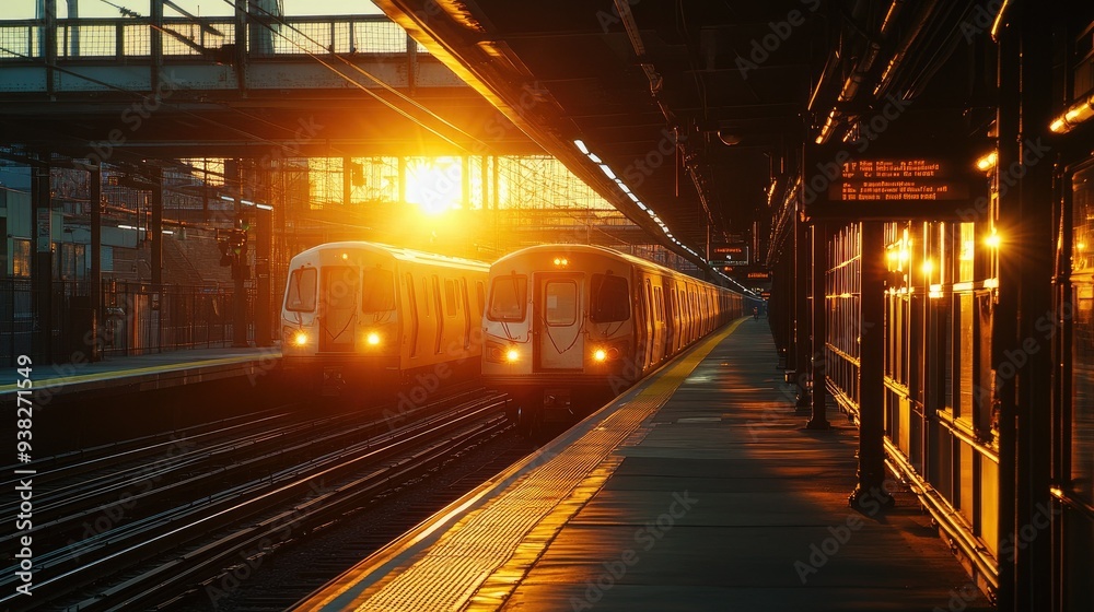 Vibrant commuter train pulling into the station at sunset, casting golden light on the platform. Vibrant commuter train pulling into the station at sunset, casting golden light on the platform.