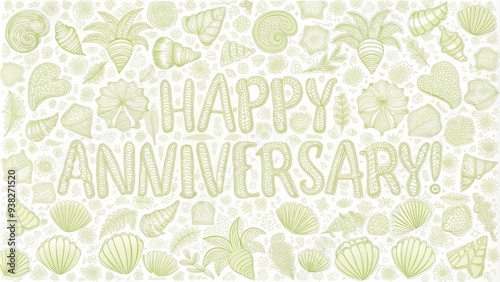 Green Hand-Drawn Seashell and Plant Pattern with "Happy Anniversary!"