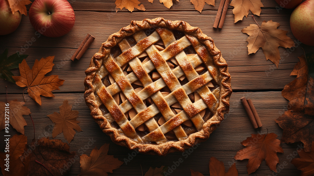 Homemade apple pie with a lattice crust surrounded by autumn leaves, apples, and cinnamon sticks on a rustic wooden table Homemade apple pie with a lattice crust surrounded by autumn leaves, apples, and cinnamon sticks on a rustic wooden table