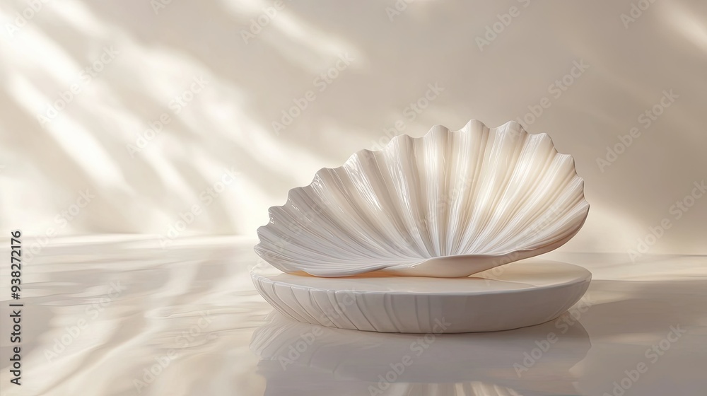 White seashell podium with subtle light reflections, perfect for showcasing luxury items. White seashell podium with subtle light reflections, perfect for showcasing luxury items.