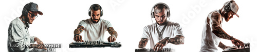 Collage of a man playing on the dj mixer isolated on transparent background