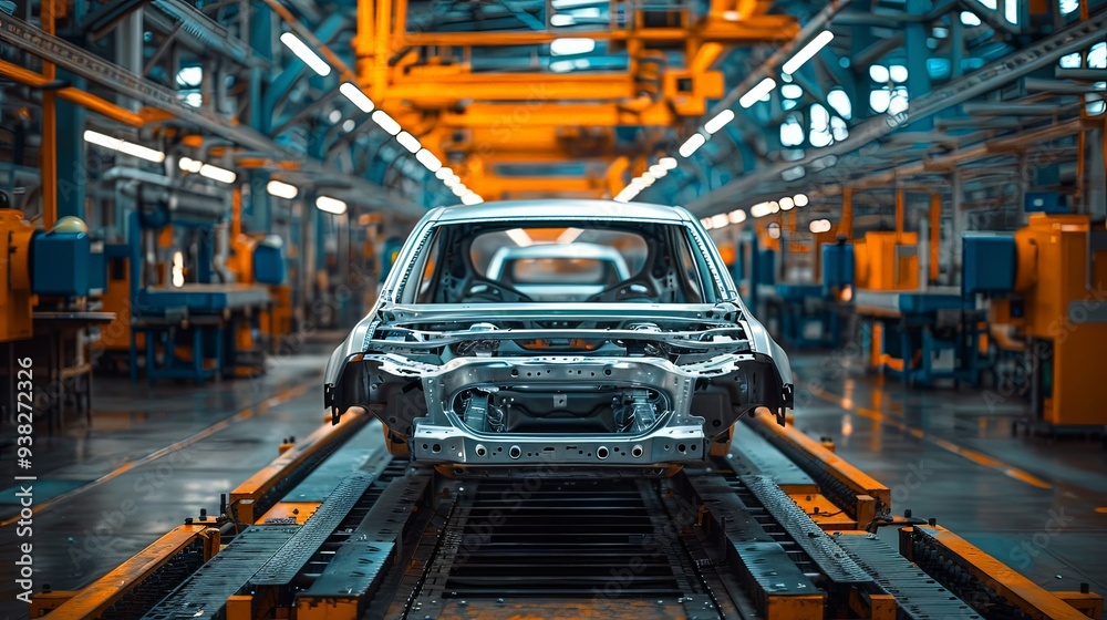 Robotic arms meticulously assembling a car frame within a modern and brightly lit factory environment, exemplifying the advanced automation in today's car manufacturing. Robotic arms meticulously assembling a car frame within a modern and brightly lit factory environment, exemplifying the advanced automation in today's car manufacturing.