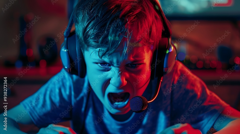 A child in a rage quit moment, gambling online and playing video games, depicted with headphones and microphone, illustrating the frustration and agitation of online gaming A child in a rage quit moment, gambling online and playing video games, depicted with headphones and microphone, illustrating the frustration and agitation of online gaming