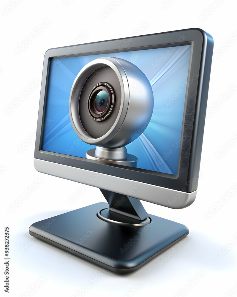 Modern webcam on flat screen monitor for virtual meetings, isolated on white background in stock photo concept. Modern webcam on flat screen monitor for virtual meetings, isolated on white background in stock photo concept.