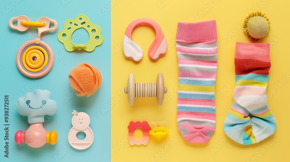 A delightful collection of baby girl accessories, featuring a soother, wooden toy, socks, and teether, displayed on a vibrant background A delightful collection of baby girl accessories, featuring a soother, wooden toy, socks, and teether, displayed on a vibrant background