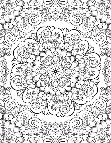 Ornamental mandala adult coloring book page. Zentangle style coloring page. Mandala black outline. 