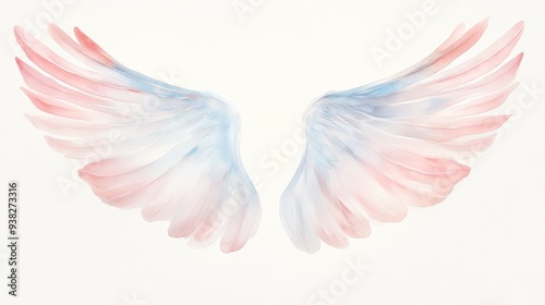The wings of a bird are painted in pink, blue, and white