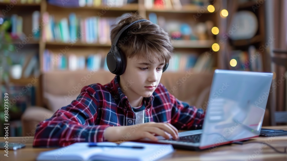 A teenager participating in an online class on a laptop, listening intently and taking notes A teenager participating in an online class on a laptop, listening intently and taking notes