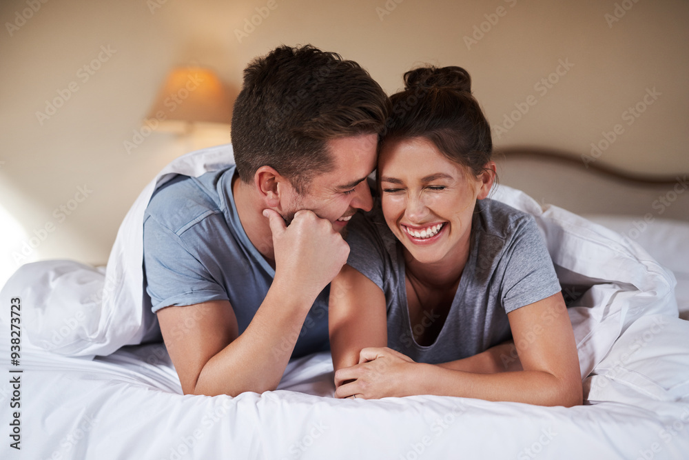 Couple, love and bonding in bedroom, smile and romance with whispering of joke, laughing and home. Happy, talking and relax on bed, woman and man with comedy for lover, listening and funny in house Couple, love and bonding in bedroom, smile and romance with whispering of joke, laughing and home. Happy, talking and relax on bed, woman and man with comedy for lover, listening and funny in house