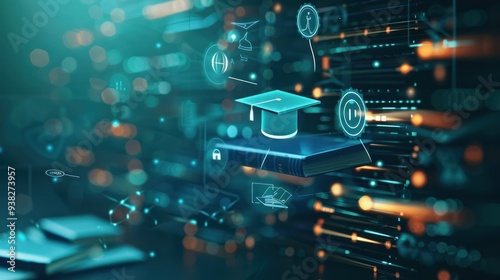 A conceptual image of adult education, with icons representing online learning, books, and graduation caps