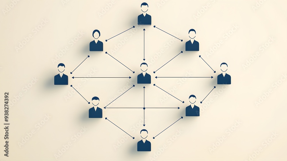 Network of abstract human icons representing a structured organizational hierarchy on a beige background Network of abstract human icons representing a structured organizational hierarchy on a beige background