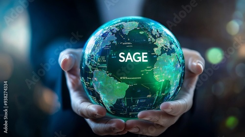A person holds a virtual globe with the word 