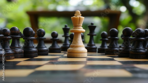 Chessboard with the figure in the center of the king piece, surrounded by pawns.