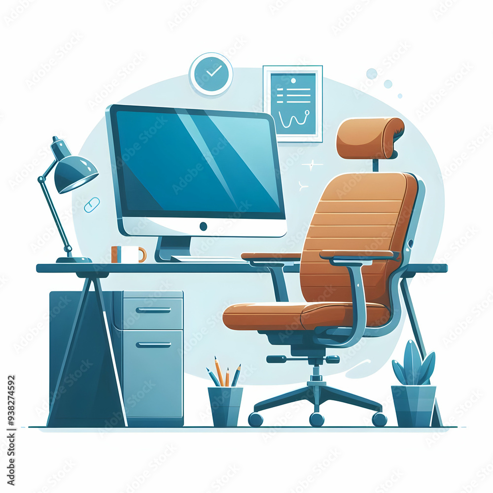 Vector illustration of desktop computer and ergonomic chair on white background ideal for home office concept in photo stock Vector illustration of desktop computer and ergonomic chair on white background ideal for home office concept in photo stock
