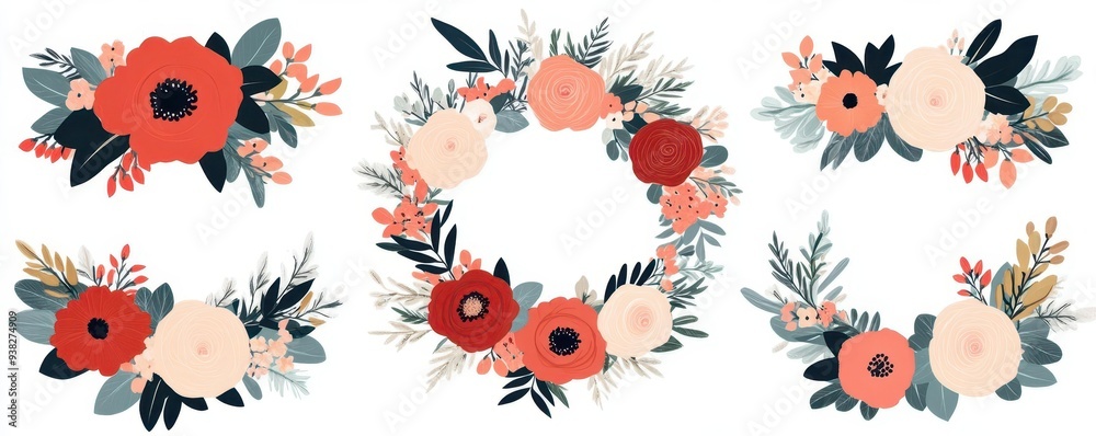 A set of floral wreaths, perfect for weddings or seasonal designs, floral wreaths, clipart, white background A set of floral wreaths, perfect for weddings or seasonal designs, floral wreaths, clipart, white background