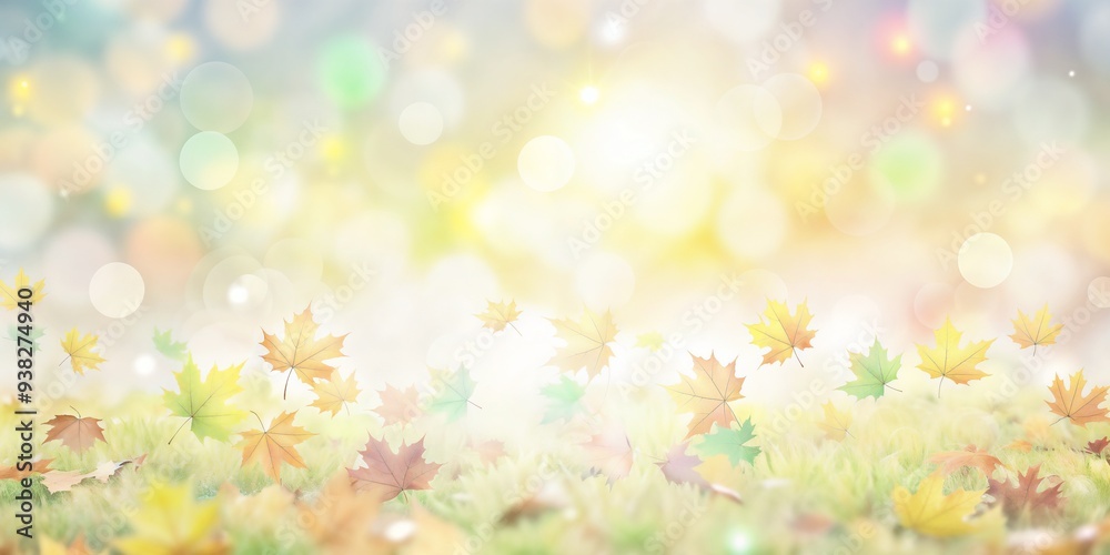 Soft Autumn Leaves Falling on a Blurred Pastel Background with Bokeh Lights Soft Autumn Leaves Falling on a Blurred Pastel Background with Bokeh Lights