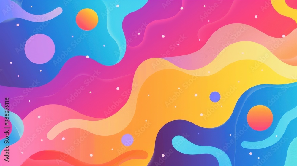 Fototapeta premium Vibrant and playful abstract composition with waves, circles, and a gradient background in bright colors.