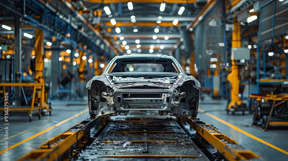 Image showing a modern car assembly line with robotic arms and bright lighting, emphasizing the advanced automation and efficiency in automotive manufacturing processes. Image showing a modern car assembly line with robotic arms and bright lighting, emphasizing the advanced automation and efficiency in automotive manufacturing processes.