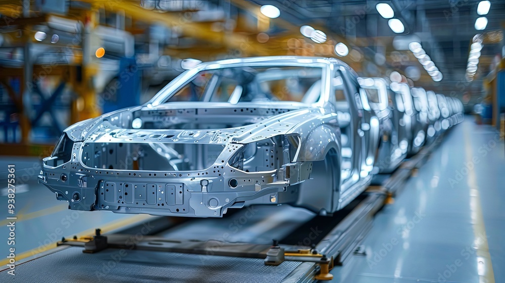 Close-up image of a car chassis on the assembly line, highlighting the meticulous and detailed nature of the automotive manufacturing process with polished metal parts. Close-up image of a car chassis on the assembly line, highlighting the meticulous and detailed nature of the automotive manufacturing process with polished metal parts.