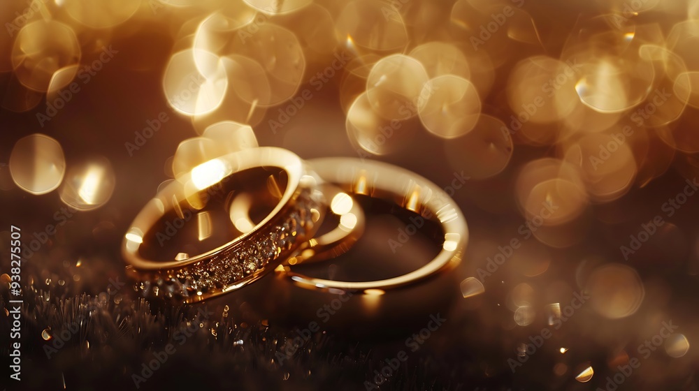 Close-up of elegant gold wedding rings, gleaming with sparkling details under soft bokeh lighting, representing the beauty and commitment of marriage Close-up of elegant gold wedding rings, gleaming with sparkling details under soft bokeh lighting, representing the beauty and commitment of marriage