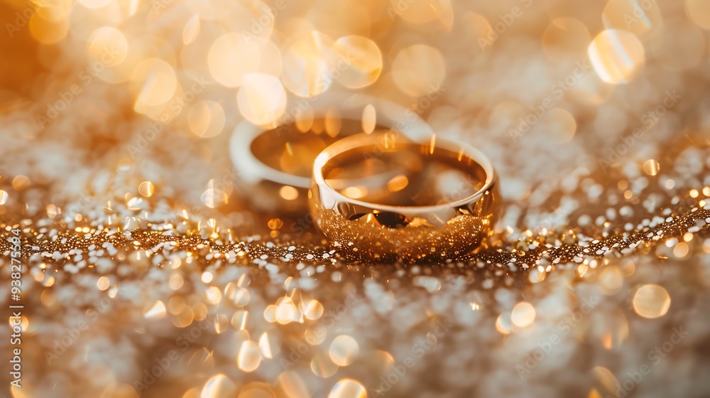Close-up of elegant gold wedding rings, gleaming with sparkling details under soft bokeh lighting, representing the beauty and commitment of marriage Close-up of elegant gold wedding rings, gleaming with sparkling details under soft bokeh lighting, representing the beauty and commitment of marriage