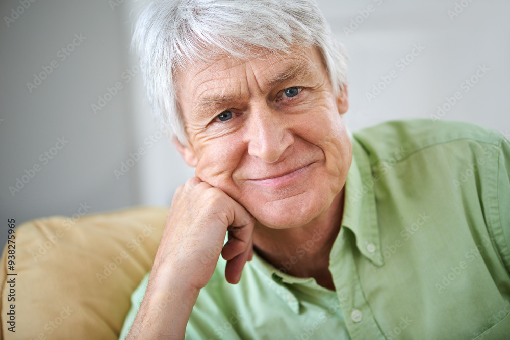 Smile, relax and portrait of senior man on sofa in home with confidence, wellness and retirement. Happy, calm and old person on couch in living room with pride, peace and weekend morning in apartment Smile, relax and portrait of senior man on sofa in home with confidence, wellness and retirement. Happy, calm and old person on couch in living room with pride, peace and weekend morning in apartment
