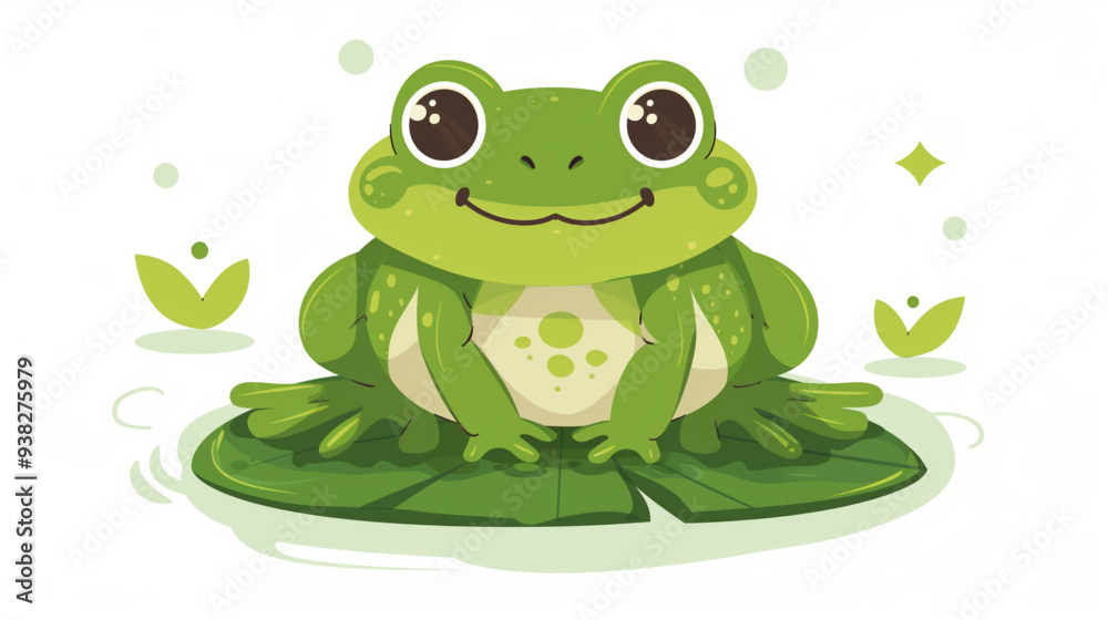 Fototapeta premium Smiling Cartoon Frog on Lily Pad with Leaves