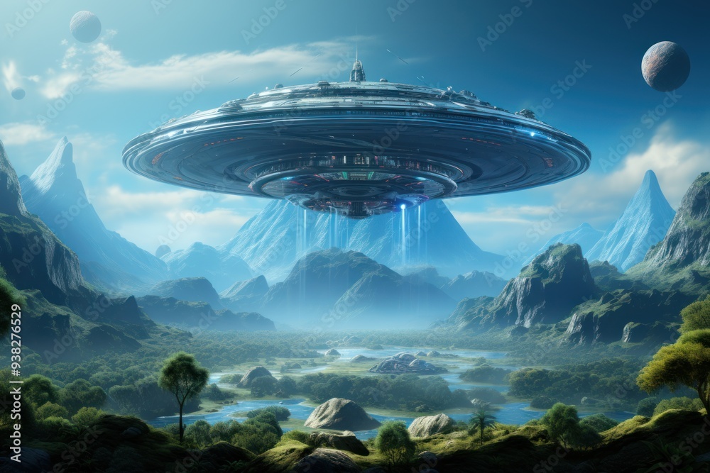 A flying saucer hovers over a valley between tall mountains. A flying saucer hovers over a valley between tall mountains.