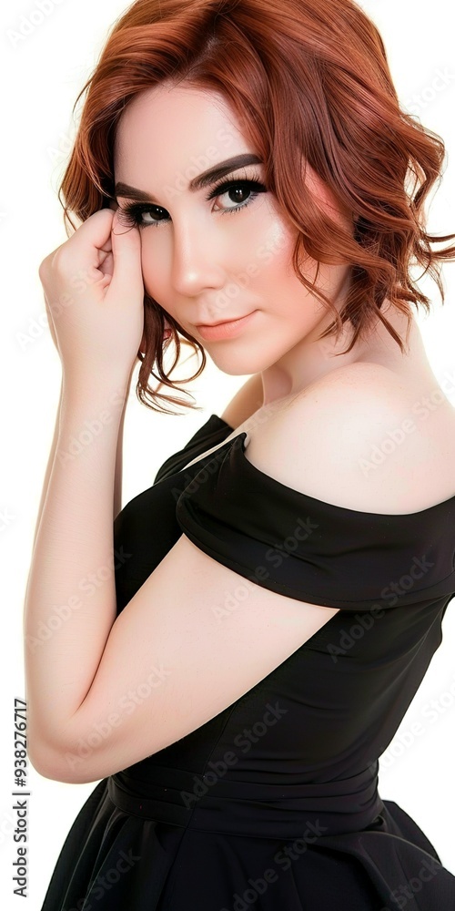 Elegant Woman in Black Off-Shoulder Dress with Red Hair Elegant Woman in Black Off-Shoulder Dress with Red Hair