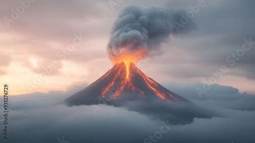 A volcano with a large cloud of smoke and ash rising from it photo