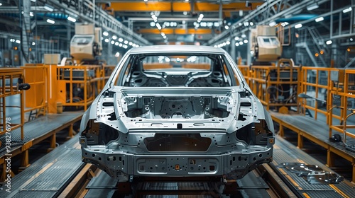 A vehicle chassis is showcased on a modern factory assembly line, featuring advanced manufacturing techniques and sophisticated equipment essential for automobile production.