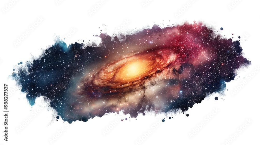 Fototapeta premium A colorful illustration of a spiral galaxy with stars and space debris, ideal for use in astronomy-related materials or as a decorative element