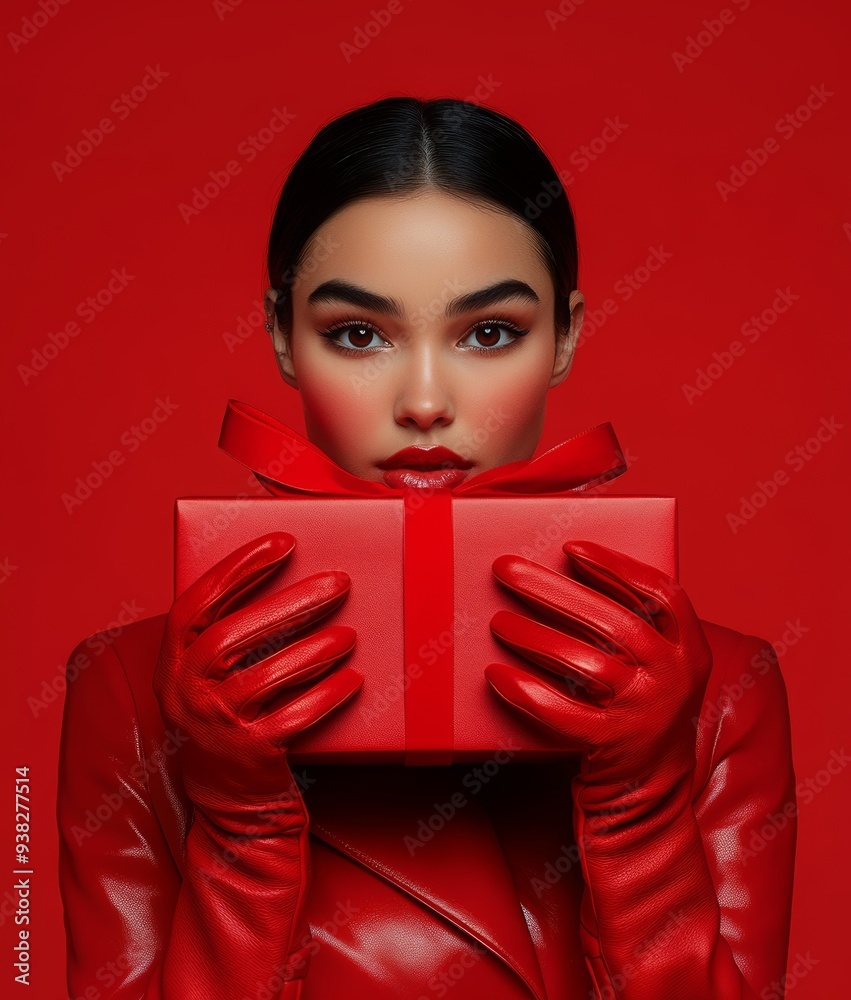 a beautiful brunette in red leather suit and gloves is holding a Christmas gift wrapped in red, with a red bow. She is standing against red background. Season greetings concept a beautiful brunette in red leather suit and gloves is holding a Christmas gift wrapped in red, with a red bow. She is standing against red background. Season greetings concept