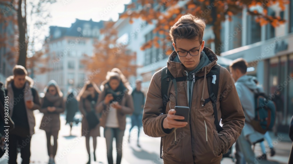 A person looking at their cell phone while walking down the city street A person looking at their cell phone while walking down the city street