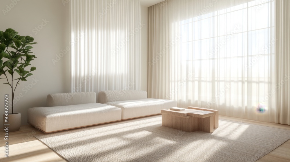 Fototapeta premium A living room with a white couch and a white coffee table
