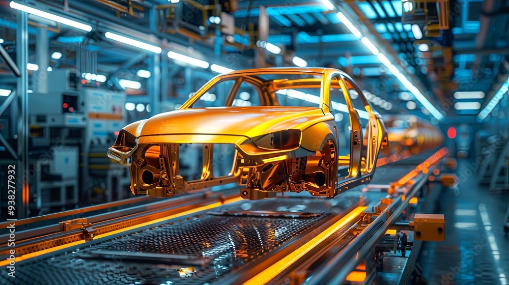 A car chassis is being assembled on an advanced automated assembly line in a high-tech modern automotive manufacturing factory, showcasing modern industrial machinery. A car chassis is being assembled on an advanced automated assembly line in a high-tech modern automotive manufacturing factory, showcasing modern industrial machinery.
