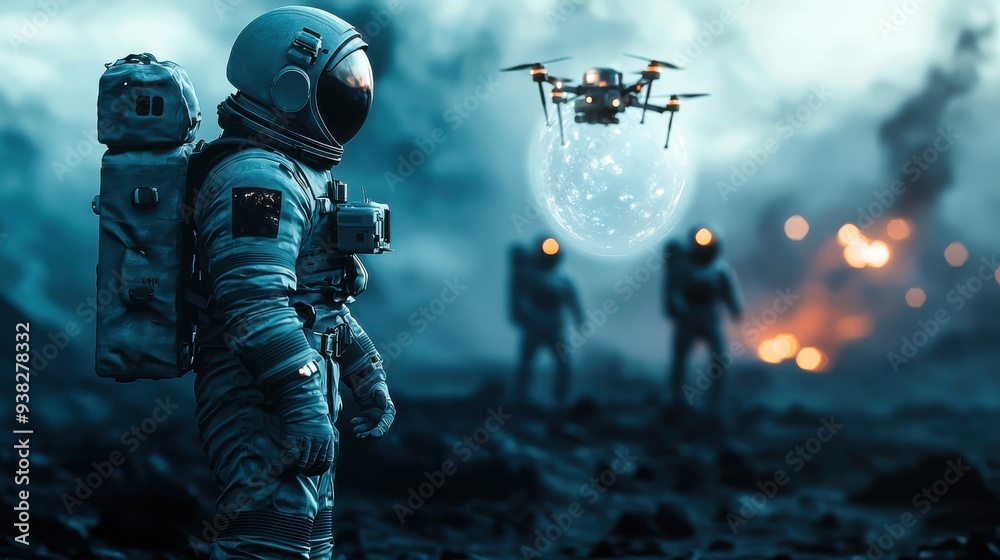 Fototapeta premium A team of astronauts uses AI-driven drones to explore a new planet. The drones project holographic data about the planet’s atmosphere, terrain, and potential resources