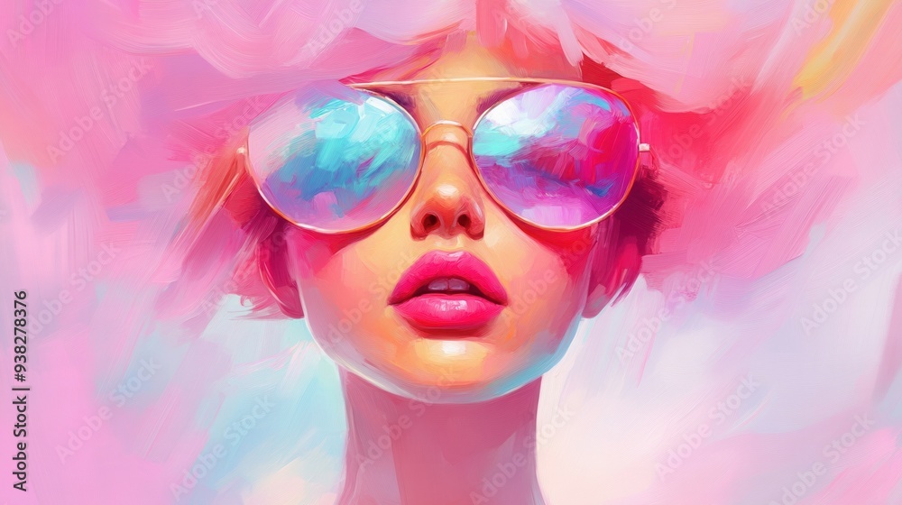 A woman with pink hair and a pink shirt is wearing sunglasses A woman with pink hair and a pink shirt is wearing sunglasses