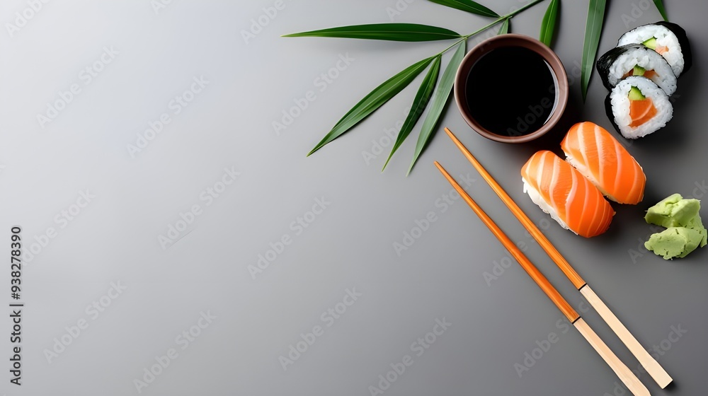 Japanese Sushi Set with Chopsticks and Soy Sauce