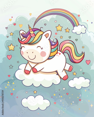 Adorable Unicorn Galloping on Clouds with Rainbow Mane