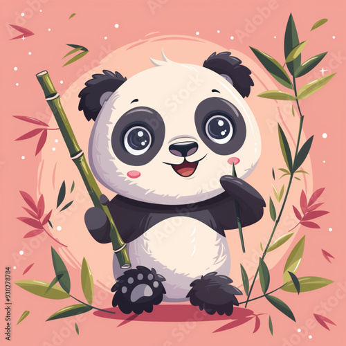 Cheerful Panda Sitting with Bamboo Surrounded by Leaves