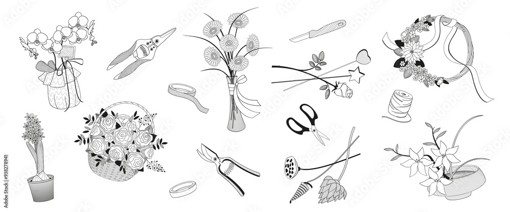 set elements about florist service, tools and accessories, flowers bouquets, knife, cutter, scissor, pot flowers, vase, arrangement, black and white vector illustration set elements about florist service, tools and accessories, flowers bouquets, knife, cutter, scissor, pot flowers, vase, arrangement, black and white vector illustration