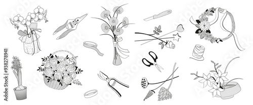 set elements about  florist service, tools and accessories, flowers bouquets, knife, cutter, scissor, pot flowers, vase, arrangement, black and white vector illustration