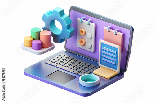 High-Tech Laptop with Holographic Scheduling Tools on White Background for Virtual Meetings. Modern Setup with Copy Space. Ideal for Stock Photos.