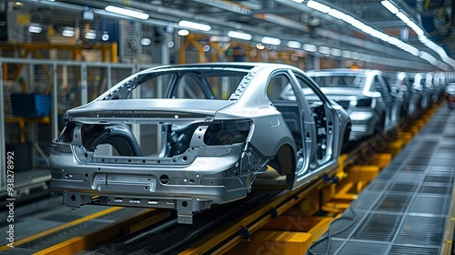 A rear view of a car chassis in progress in a futuristic factory setting, highlighting the advanced technology and precision engineering involved in modern vehicle manufacturing.